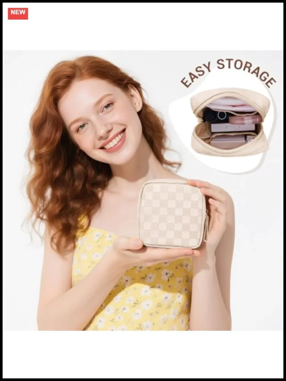 Small Leather Cosmetic Bag with Checkered Pattern, Slip-in Pockets, Travel